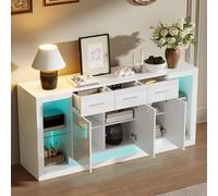 YuQozii 160 x 40 x 75 cm, armadio da soggiorno con striscia luminosa a LED e 3 cassetti, credenza lucida, una credenza con 14 ripiani, armadio con fondo in vetro temperato, bianco