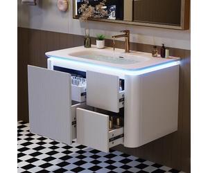 YuQozii 80,5 × 47,5 × 51 cm, mobiletto da bagno a parete sospeso, completamente laccato, struttura verticale, lampada LED con sensore di movimento radar, cassetti silenziosi, lavabo in un unico pezzo