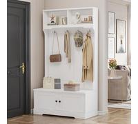 YuQozii Armadietto d'ingresso bianco con vano portaoggetti nella parte inferiore del sedile con 4 ganci per appendere e 2 scomparti nella parte superiore per riporre i vestiti, guardaroba, scarpiera