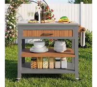YuQozii Armadio da giardino con ruote e piano di lavoro in acciaio inox, mobile con cassetto e ripiano, credenza resistente alle intemperie con doppio scaffale e portasciugamani, stazione grill