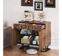 YuQozii Credenza 80 × 40 × 78 cm - Serie Foglia Poesia - Effetto noce scuro con rilievo - gambe in metallo, 2 cassetti e 2 ante - Credenza senza maniglie per soggiorno e sala da pranzo