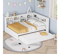 YuQozii Divano letto 140 x 200, letto estraibile 90 x 190 con presa USB e più ripiani, letto in legno massiccio, letto matrimoniale, letto multifunzione in legno (bianco)