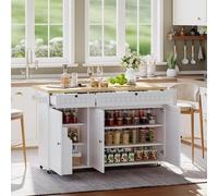 YuQozii Isola della cucina con piano di lavoro pieghevole, armadio da cucina su 6 ruote bloccabili, con ripiano, scaffalatura, 2 grandi cassetti e armadietto, 137 x 89,5 x 45 cm (bianco)