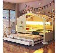 YuQozii Lettino 90 x 200 cm, con letto estraibile 90 x 190, design a forma di casa, con due cassetti, con porte di ricarica USB e tipo C e LED, con ripiani, letto multifunzione (bianco)