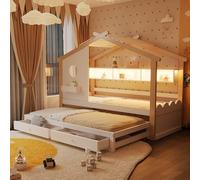 YuQozii Lettino 90 x 200 cm, con letto estraibile 90 x 190, design a forma di casa, con due cassetti, con porte di ricarica USB e tipo C e LED, con ripiani, letto multifunzione (bianco + colori legno