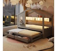 YuQozii Lettino 90 x 200 cm, con letto estraibile 90 x 190, design a forma di casa, con due cassetti, con porte di ricarica USB e tipo C e LED, con ripiani, letto multifunzione (grigio)