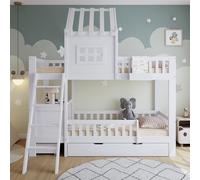 YuQozii Lettino a castello, letto per bambini, due cassetti con ruote, bel tetto e finestra, con tavolo da lettura e cestino, pino + MDF + compensato, bianco, 90 x 200 cm