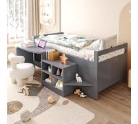YuQozii Lettino per bambini 90 x 200 cm, con vano portaoggetti scrivania con prese secondo la norma europea, letto singolo in legno, grigio