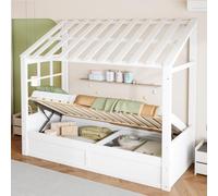 YuQozii Lettino per bambini in stile rustico, 90 x 200 cm, con tetto, finestra, spazio idraulico e scomparti laterali, bianco