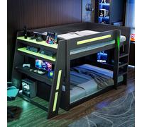 YuQozii Letto a castello da gioco in legno, 140 x 200 cm, con scrivania, due ripiani, porta USB e illuminazione ambientale, nero+verde