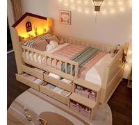 YuQozii Letto a mezza altezza, 90 x 200 cm, forma domestica, finestra, 4 cassetti, striscia luminosa a LED, scala cuscinetto, senza materasso, naturale