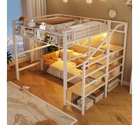 YuQozii Letto a soppalco, 140 x 200 cm, letto in metallo, scaffale a gradini, elementi a griglia, cesto portaoggetti, spazio aperto sotto il letto, con barra luminosa a LED, senza materasso (bianco)