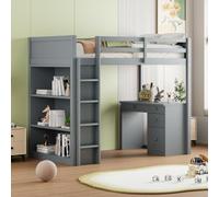 YuQozii Letto a soppalco 90x200 cm con armadi e tavolo per computer, letto a soppalco multifunzionale per bambini in legno (grigio)