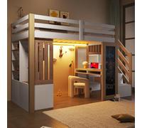 YuQozii Letto a soppalco 90x200 con scrivania, mensole, armadio, scala portaoggetti, lavagna e illuminazione a LED, bianco+naturale