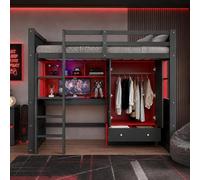 YuQozii Letto a soppalco da 90 x 200 cm, con scala, vano portaoggetti e tavolo, con armadio e cassetti, letto per bambini, letto singolo in stile gaming (nero e rosso)