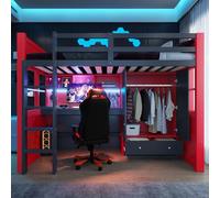 YuQozii Letto a soppalco da 90 x 200 cm, con scala, vano portaoggetti e tavolo, con armadio e cassetti, letto per bambini, letto singolo in stile gaming (rosso e nero)