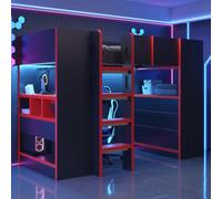 YuQozii Letto a soppalco multifunzionale, 90 x 200 cm, con scrivania, supporto per computer, scaffale a più piani, semplice appendiabiti, presa di corrente e illuminazione LED, con scala sicura, nero