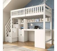 YuQozii Letto a soppalco per bambini, 90 x 200 cm, bianco, con armadio a scale e scrivania angolare sotto il letto, vano portaoggetti e cassetti, letto in legno salvaspazio per bambini e ragazzi