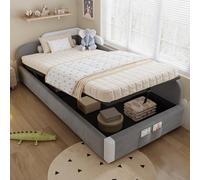 YuQozii Letto idraulico con spazio di archiviazione, Recinzione morbida rialzata, borsa portaoggetti all'estremità del letto, piastra laterale destra, velluto+compensato, grigio, 90 x 200 cm