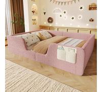 YuQozii Letto imbottito 140 x 190 cm, senza materasso, griglia di sicurezza rimovibile, tasca in tessuto integrata per la conservazione, velluto unico (rosa)
