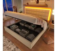 YuQozii Letto imbottito con rete a doghe e spazio di archiviazione, letto matrimoniale con illuminazione d'atmosfera, struttura del letto e spazio funzionale, in ecopelle, colore bianco (180 x 200 cm)