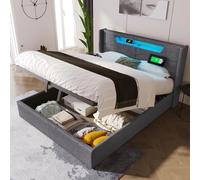 YuQozii Letto matrimoniale imbottito con possibilità di ricarica USB Type-C e illuminazione d'atmosfera, struttura in lino, letto per ragazzi 160 x 200 con rete a doghe (materasso non incluso) (grigio