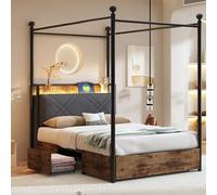 YuQozii Letto multifunzionale, con vano portaoggetti e baldacchino in ferro battuto, con pali rimovibili con LED e porte di ricarica USB-C e due cassetti, letto singolo in ferro (90 x 190)