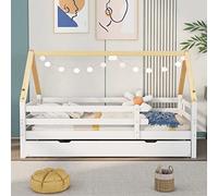 YuQozii Letto per casa sull'albero, letto singolo, letto per bambini, letto estraibile, letto scorrevole con ruote inferiori, in legno massello, letto bianco, sedia sottotetto colore naturale (90 x