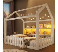 YuQozii Letto piano, culla con griglia, con striscia luminosa a LED, scomparti aperti, design della casa, battiscopa, legno di pino, senza materasso, stile minimalista (bianco, 140 x 190 cm)