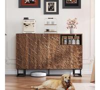 YuQozii Mobile 120 × 40 × 78,5 cm - Serie Foglia Poesie - Venature di noce scuro con rilievo - Gambe in metallo, 2 ante e 2 cassetti - Adatto per sala da pranzo, soggiorno o corridoio