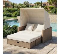 YuQozii Mobili da giardino in polyrattan per 2-4 persone, divano da giardino, divano lounge, tavolino regolabile, tenda da sole rimovibile, in rattan sintetico e spugna, colore kaki