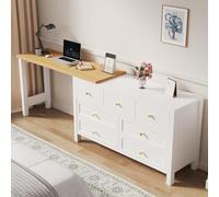 YuQozii Scrivania con 7 cassetti, 2 in 1, piano girevole e credenza, effetto rovere, piano girevole a 360°, bianco/naturale, scrivania da toeletta, scrivania angolare a forma di L