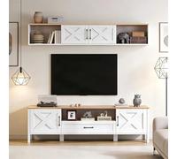 YuQozii Set da parete per TV da 180 x 40 x 50 cm (set completo, 2 pezzi), supporto per TV + vetrina sospesa, set da parete multimediale, con 4 armadi e 1 cassetto, set per TV fino a 80", bianco