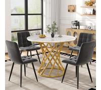 YuQozii Set di 5 tavoli da pranzo moderni con 4 sedie, diametro 80 cm, tavolo da pranzo rotondo con gambe in metallo dorato, piano in MDF bianco, in velluto grigio scuro