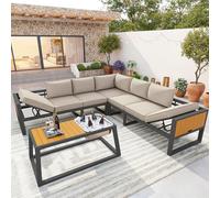 YuQozii Set di divani modulari per esterni con schienale regolabile, braccioli pieghevoli e contenitori per ghiaccio in metallo, cuscini spessi 10 cm, per terrazza, balcone, zona piscina (beige)