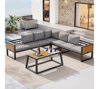 YuQozii Set di divani modulari per esterni con schienale regolabile, braccioli pieghevoli e contenitori per ghiaccio in metallo, spessore 10 cm, per terrazze, balcone, piscina, grigio/beige