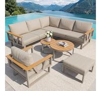 YuQozii Set di sedie modulari per esterni con piedini regolabili, base in metallo resistente, cuscini spessi 9 cm e set da 2 tavoli in legno, combinazione libera per terrazza, balcone, zona piscina