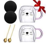 Yuragim Dolce Gatti Tazza Caffè Kawaii Tazza Doppia Parete Bicchieri Gatto Tè con Manico, Tazza Espresso con Cucchiaio Sottobicchiere Regalo di Compleanno per Le Donne Idee Natale, 2 Set