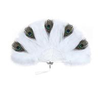 Yurosiay Ventaglio a mano da donna, pieghevole, con piume di pavone, con nappa, a forma di piuma, scomparti per danza, per matrimoni, feste, carnevale, decorazione per la casa, colore bianco
