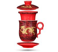 YURROAD Drago Cinese Modello Tea-Mug con colino infusore e Coperchio Tazza da tè e piattino in Ceramica Comodo Sistema di Porcellana Personal Tea Cup 400ml Per i compleanni della- Rosso