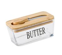Yusat Piatto per Burro in Vetro da 500 Ml Porta Burro Vassoio per con Coperchio Ermetico e Taglierino in Acciaio Inossidabile 304 per Piano di Lavoro e Frigorifero (Colore legno naturale)