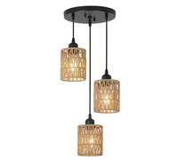 YUSDATC Lampada a sospensione in rattan fatta a mano, a 3 luci, in stile boho, con paralume in rattan intrecciato fatto a mano, per sala da pranzo, isola della cucina, soggiorno, camera da letto, corr