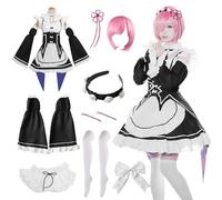 YushengTai Maid Dress Bianco e Nero, Abito Ram Cosplay, Costume Anime Classico, Abito Cosplay con Parrucca Rosa, Costume Carnevale Donna, per Natale, Halloween, Carnevale, Festa a Tema (L)
