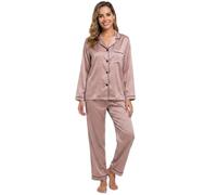 YUSHOW Pigiama da donna in raso, a maniche lunghe, con bottoni, rosa, M