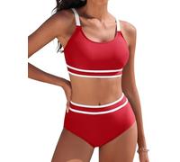 Yuson Girl Costume da Bagno Donna Due Pezzi Push Up Imbottito Reggiseno Bikini Donna Mare Regolabile Costumi da Bagno Scollo a U Patchwork a Righe Bikini Vita Alta Bikini da Spiaggia(Bordeaux, L)