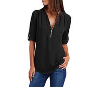 Yuson Girl Donne Camicette Manica Lunga Camicie Scollo a V con Cerniera Casual Bluse e Camicie Eleganti Shirt Tinta Unita Puro Colore Tops(Nero, L)
