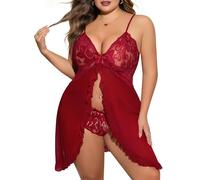 Yuson Girl Lingerie Donna Sexy Intima Babydoll Taglia Forte Camicia da Notte Sexy in Pizzo con Scollo a V Profondo Set di 2 Pezzi con Perizoma Négligé Taglia Plus per Donne Curvy(Rosso Vino, 4XL)
