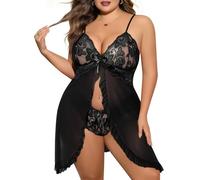 Yuson Girl Lingerie Donna Sexy Intima Babydoll Taglia Forte Camicia da Notte Sexy in Pizzo con Scollo a V Profondo Set di 2 Pezzi con Perizoma Négligé Taglia Plus per Donne Curvy(Nero, 3XL)