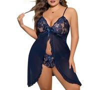 Yuson Girl Lingerie Donna Sexy Intima Babydoll Taglia Forte Camicia da Notte Sexy in Pizzo con Scollo a V Profondo Set di 2 Pezzi con Perizoma Négligé Taglia Plus per Donne Curvy(Blu, 2XL)