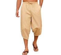 Yuson Girl Pantaloni 3/4 Uomo Pantalone Estivi da Spiaggia Cotone Pantaloni Harem Leggeri Comodi Allentati Pantaloni Lunghi Casual con Coulisse e Tasche per Yoga Quotidiano in Vacanza(Kaki, M)